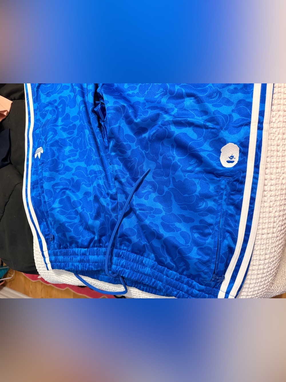 Bape Blue Camouflage Track Pants with White Ape Head Logo